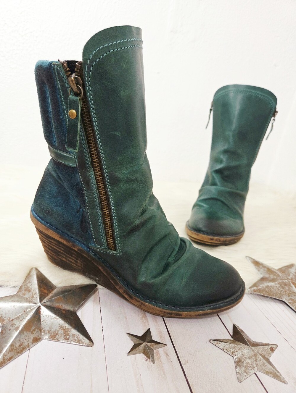 Fly London Simi wedge boots teal green blue suede leather distressed women's 39 - Picture 1 of 8